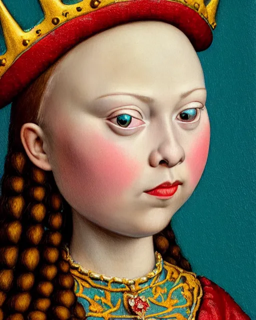 Image similar to closeup profile medieval jan van eyck face portrait of tin toy greta thunberg as a fairytale princess wearing a crown eating cakes in the castle, bikini, nicoletta ceccoli, mark ryden, lostfish, max fleischer, hyper realistic, artstation, illustration, digital paint, matte paint, vivid colors, bright, cheerful, detailed and intricate environment