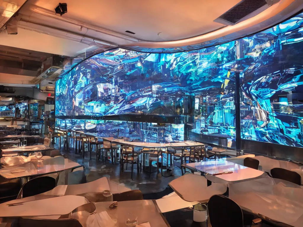 Image similar to visor with curved translucent screens projecting detailed sci - fi art, pixel perfect photograph, high contrast, volumetric lighting, thin glowing lights, restaurant, chairs, users, pair of keys