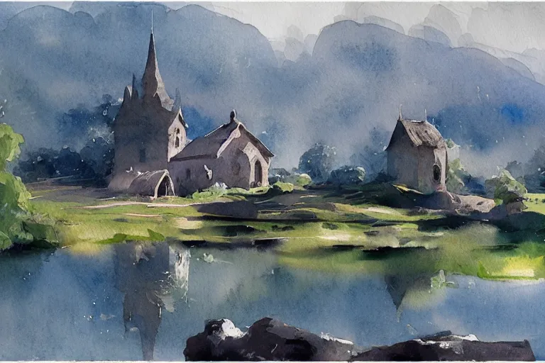 Prompt: small centered on watercolor paper, paint brush strokes, abstract watercolor painting of village outskirt, pond, rough rock, medieval chapel at dawn, cinematic light, national romanticism by hans dahl, by jesper ejsing, by anders zorn, by greg rutkowski, by greg manchess, by tyler edlin