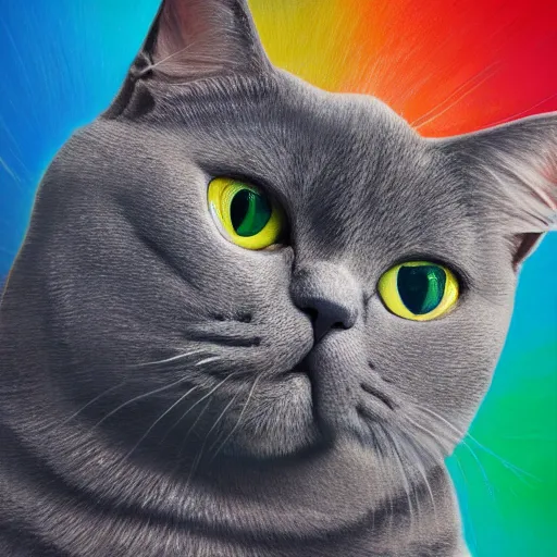 Prompt: detailed oil painting portrait of a grey british shorthair cat sitting upright on spiral curved piano keyboard on colorful abstract background with musical notes digital art concept art 4 k