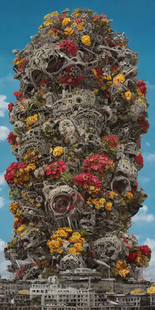 Image similar to colossal grotesque flower made from unfulfilled communist dreams in the middle of abandoned post soviet constructivist cityscape, Stalinist architecture, ultradetailed, Intricate by Hayao Miyazaki and Josan Gonzalez and Makoto Shinkai and Giuseppe Arcimboldo and Wes Anderson