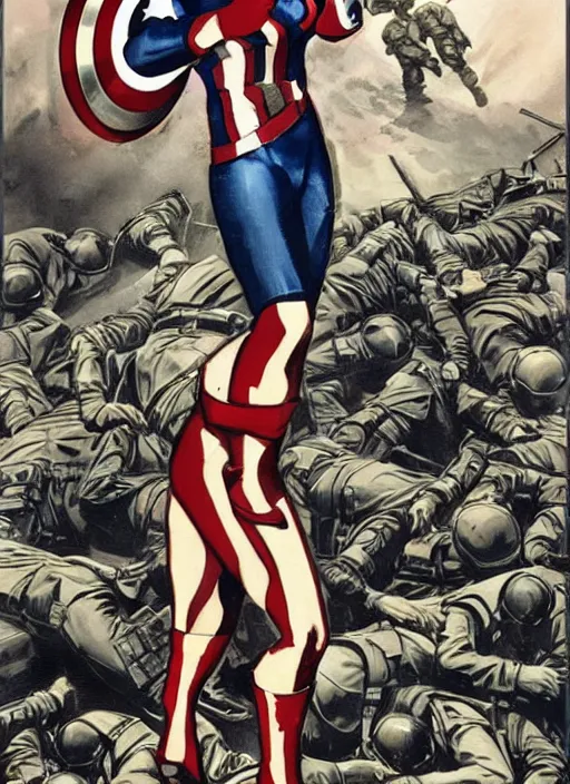 Image similar to beautiful female captain america standing on a pile of defeated german soldiers. feminist captain america wins wwii. american wwii propaganda poster by james gurney overwatch. anime.