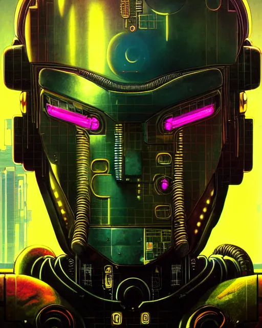 Prompt: cyberpunk robot, character portrait, portrait, close up, concept art, intricate details, soft glow, highly detailed, vintage sci - fi poster, in the style of chris foss, rodger dean, moebius, michael whelan, and gustave dore