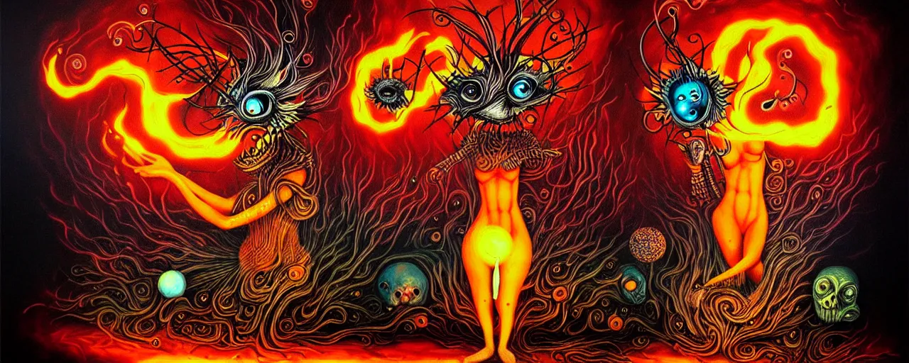 Image similar to whimsical fiery alchemical creatures, surreal dark uncanny mixed media painting by ronny khalil