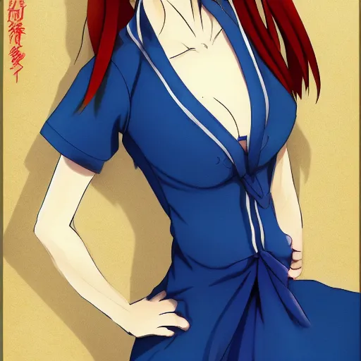 Prompt: a woman in a blue dress with a tie around her neck, an anime drawing by Jin Homura, featured on pixiv, lyco art, pixiv, anime, deviantart hd