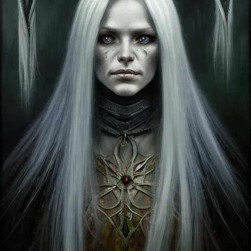 Image similar to portrait painting of a witch elf with long grey hair, sharp focus, award - winning, trending on artstation, masterpiece, highly detailed, intricate. art by seb mckinnon