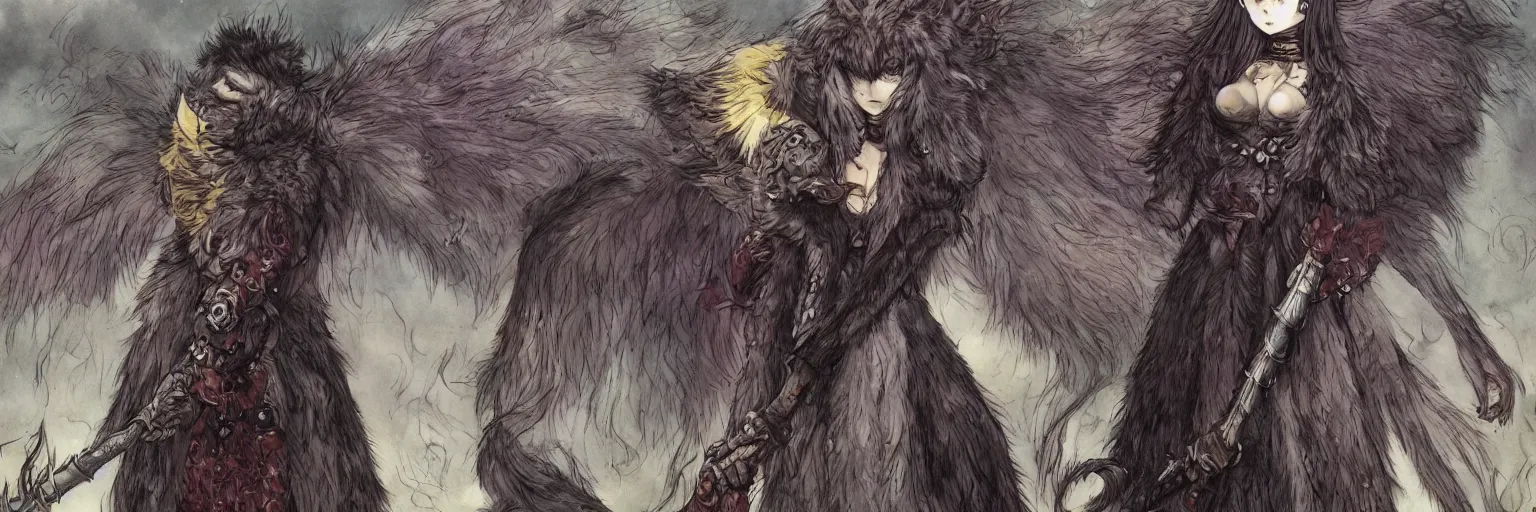 Image similar to a beautiful dressed furry girl, artstation hq, stylized, award winning, dark phantasy, colored page from the berserk manga, created by kentaro miura