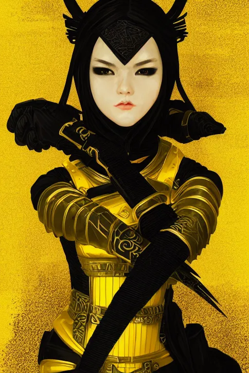 Image similar to portrait Ninja gaiden girl, armored black and yellow ninja wardrobe, in ruin japanese temple rainny night, ssci-fi and fantasy, intricate and very very beautiful and elegant, highly detailed, digital painting, artstation, concept art, smooth and sharp focus, illustration, art by tian zi and WLOP and alphonse mucha