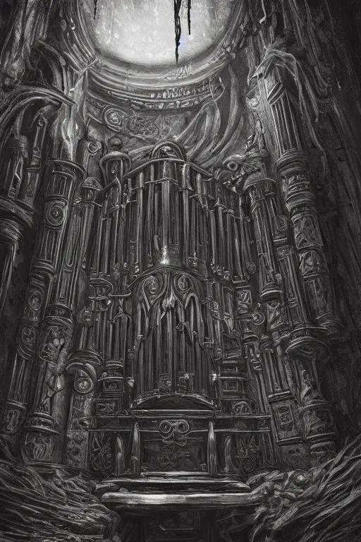 Image similar to ornate stone pipe organ drenched in black goop and machinery, lovecraftian, horror art, 4K, dark art, artstation, dramatic lighting,