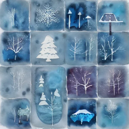 Prompt: mixed media winter icon collage illustration in soft watercolor style, ice blue cold hues