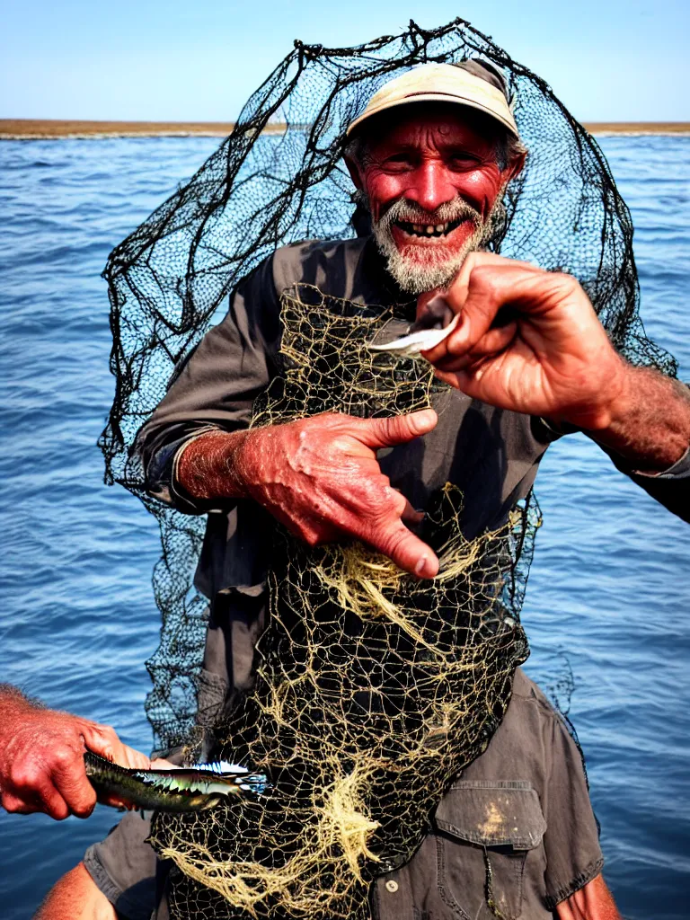 Image similar to an imperfect journalistic portrait of a fisherman, after he has caught a fractal cluster of chimeric biomechanical humans in his net. he grins proudly, baring his gargantuan razor sharp teeth like blades of a professional food processor