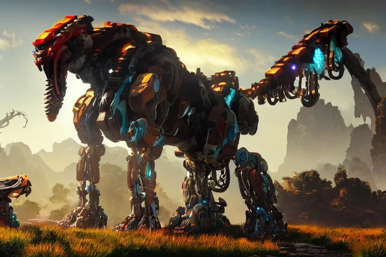 Image similar to snapmaw machine mecha animal beast robot of horizon forbidden west horizon zero dawn bioluminiscence global illumination ray tracing hdr fanart arstation by sung choi and eric pfeiffer and gabriel garza and casper konefal