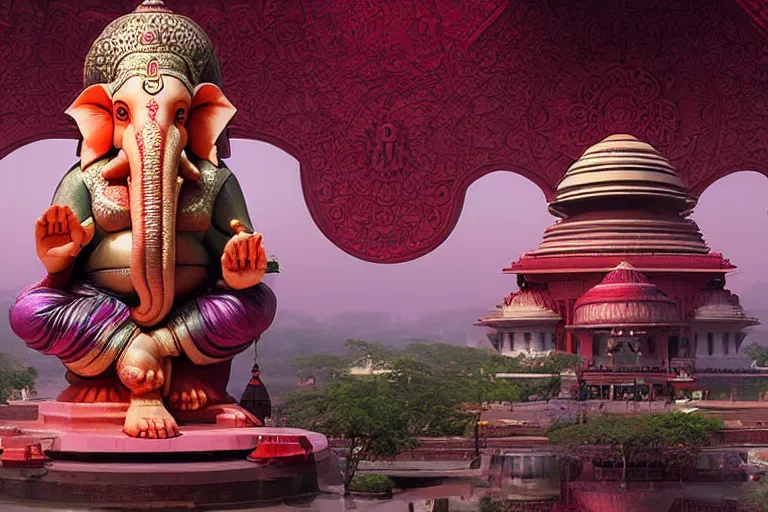 Image similar to beautiful futuristic new delhi, sharp sci - fi ganesha!! building, kalighat flowers, octane highly detailed cinematic, stephen shore & john j. park, soft morning light, wide shot, high angle, uhd 8 k, shallow depth of field