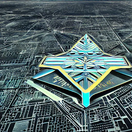 Prompt: an aerial photograph of the pentagon, cyber punk style, digital art