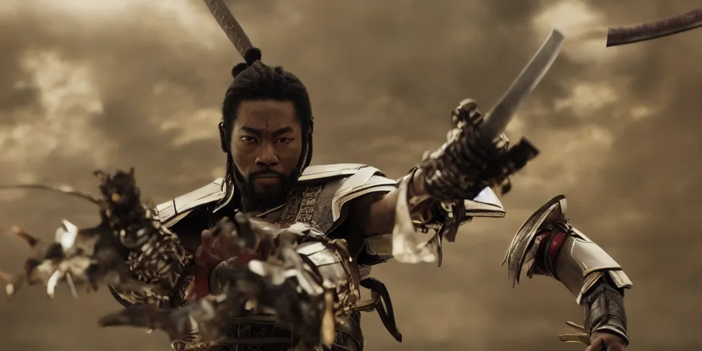 Image similar to a film still of a black man starring in a japanese blockbuster film as an evil samurai, shallow depth of field, cinematic, award winning cgi, vfx, film still
