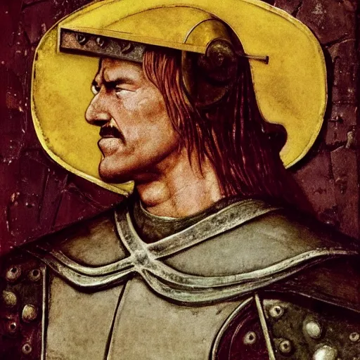 Image similar to portrait of Arnold Schwarzenegger as a medieval Crusader King of Jerusalem, by Angus McBride, Gentile Bellini, Piero della Francesca, and Arthur Rackham. HD face portrait.