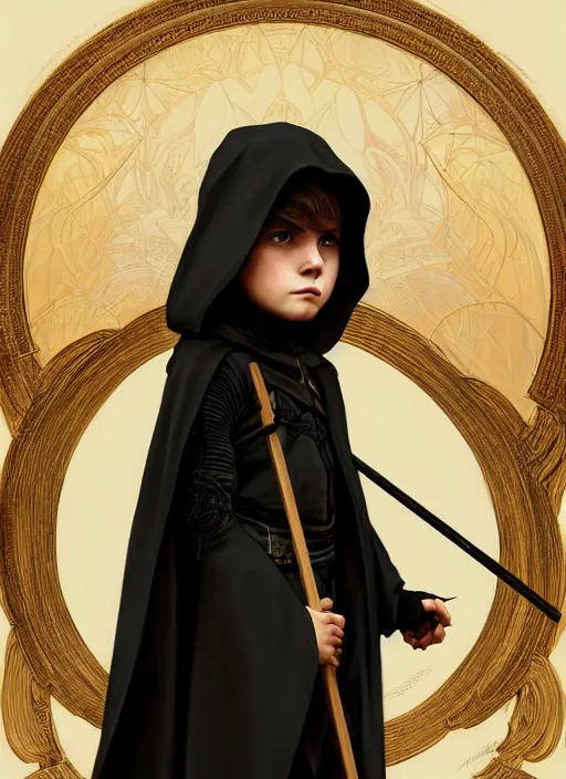 Prompt: perfectly - centered - portrait of a kid wearing black cloak holding stick, intricate, highly detailed, digital painting, artstation, concept art, smooth, sharp focus, illustration, unreal engine 5, 8 k, art by artgerm and greg rutkowski and alphonse mucha