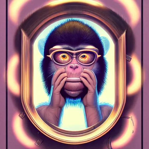 Image similar to lofi monkey in front of a mirror reflecting anger of a human face, symmetrical hands, doctors mirror, Pixar style by Tristan Eaton Stanley Artgerm and Tom Bagshaw, high detail