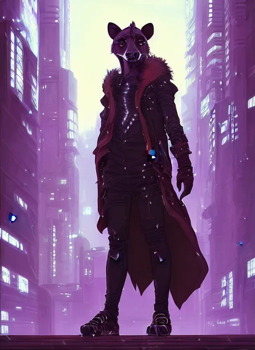 Image similar to beautiful portrait commission of a male furry anthro hyena fursona wearing cyberpunk jedi robes in a cyberpunk city at night in the rain. character design by charlie bowater, ross tran, artgerm, and makoto shinkai, detailed, inked, western comic book art