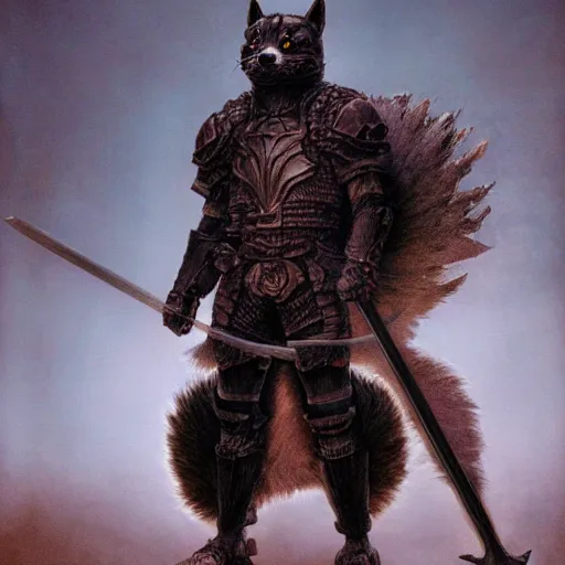 Image similar to berserk black armor, anthropomorphic shiba inu, shiba inu face, in berserk black armor, stuning 3 d render, masterpiece, glowing aura, by donato giancola and greg rutkowski and wayne barlow and zdzisław beksinski, realistic face