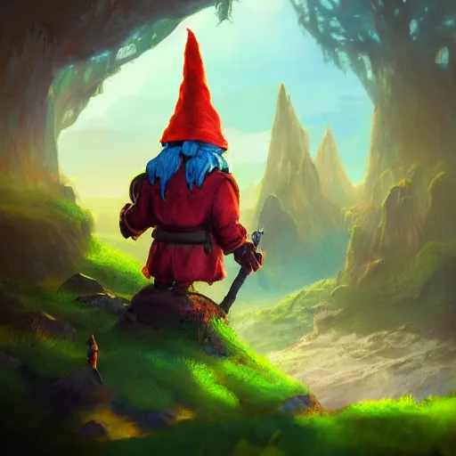 Prompt: a gnome looking for a new adventure in a colorful fantasy world, beautiful landscape, dramatic lighting, cinematic, establishing shot, extremly high detail, photorealistic, cinematic lighting, post processed, concept art, artstation, matte painting, style by greg rutkowsky