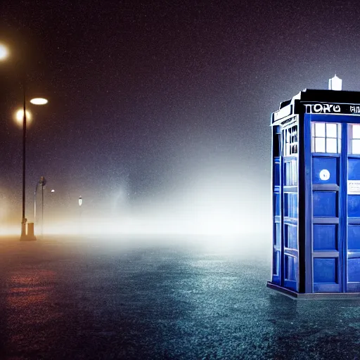 Image similar to a hyperdetailed photograph of the tardis sat on a futuristic street corner, night, dense fog, rain, hd, 8 k resolution