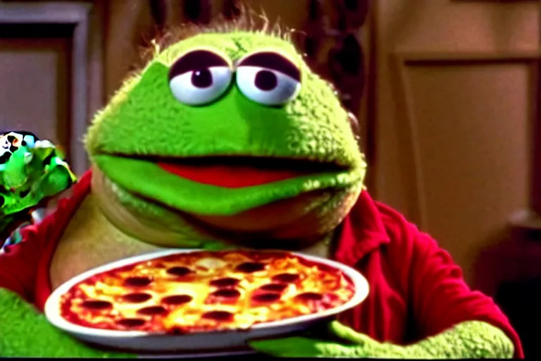 Image similar to a film still of pizza the hut in the muppets, high quality