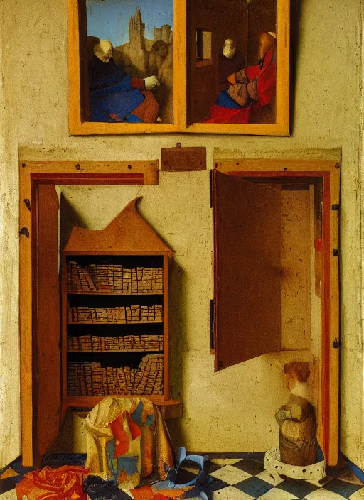 Image similar to bookshelf with books and children toys, medieval painting by jan van eyck, johannes vermeer, florence