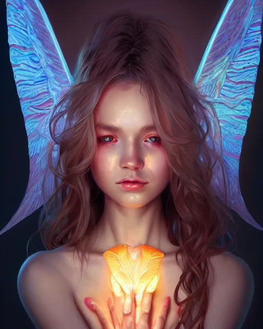 Image similar to portrait of a cute female angel, bioluminescent, veins, horror, happy, highly detailed, digital painting, cinematic, hyperrealism, dark retrowave, art by stanley lau and artgerm and magali villeneuve and alphonse mucha, artstation, octane render, cgsociety
