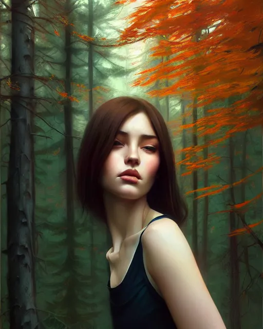 Image similar to stylized portrait of an artistic pose, composition, young lady sorrounded by fall nature, dense forest, moody cinematic colors one single head, realistic shaded, fine details, realistic shaded lighting poster by ilya kuvshinov, magali villeneuve, artgerm, jeremy lipkin and michael garmash and rob rey