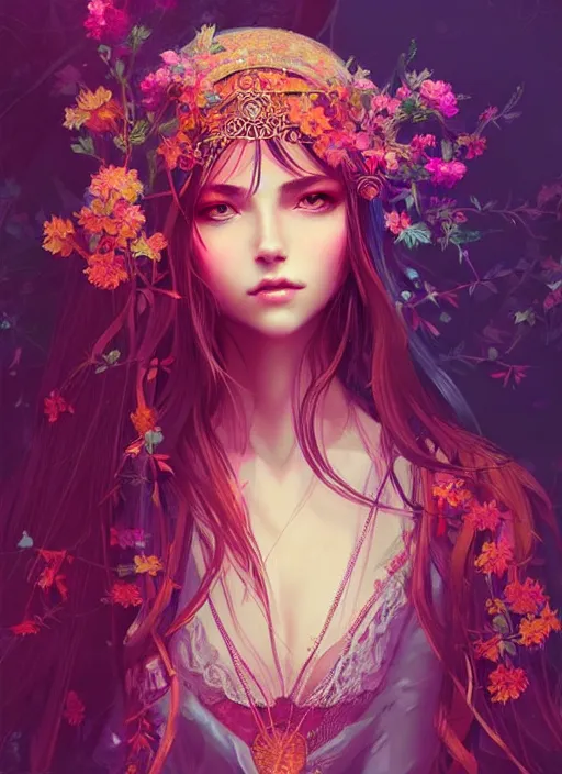 Image similar to “a beautiful bohemian girl, intricate, highly detailed, digital painting, Pixiv, Artstation, official media, anime key visual, concept art, rich vivid colors, ambient lighting, sharp focus, illustration, art by WLOP”