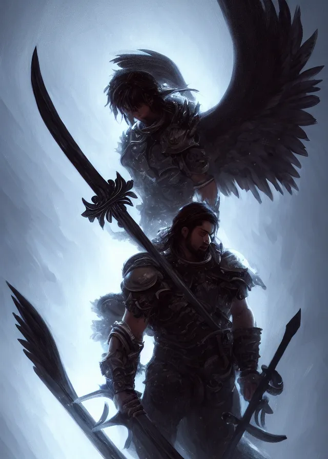 Image similar to dark blizzard art, portrait of fallen man angel kneeling with a sword and shield and wings, bokeh. dark art masterpiece artstation. 8k, sharp high quality illustration in style of Jose Daniel Cabrera Pena and Leonid Kozienko, concept art by Tooth Wu