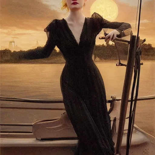 Prompt: Elle Fanning, nighttime, on a boat, artstation, by J. C. Leyendecker and Peter Paul Rubens,