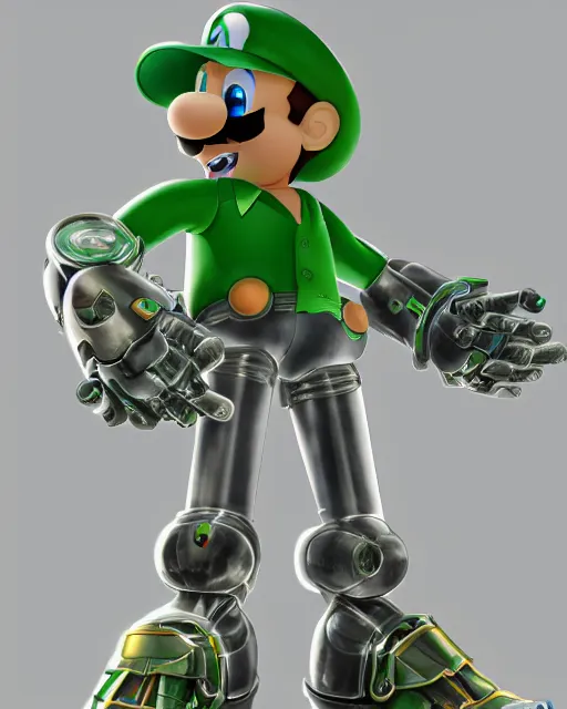 Image similar to Nintendo's Luigi as a Mecha, hyperdetailed, full body, LED effects, professional paint job, distressed paint, dynamic low angle shot, photoreal, caustics, octane render, redshift render, Vray render, all in focus, unreal engine, post processing, ultra detailed, trending on artstation