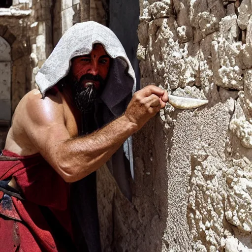 Image similar to award winning cinematic still of 40 year old Mediterranean skinned man in Ancient Canaanite clothing fixing a ruined, crumbled wall in Jerusalem, holding a sword and a chisel, dramatic lighting, strong shadows, red hues, directed by Ang Lee