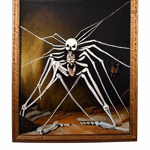 Image similar to a giant spider and a human skeleton, the skeleton is mounting the spider, inside of a cave, oil painting