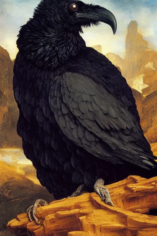 Image similar to a breathtakingly stunningly beautifully highly detailed extreme close up portrait of a giant majestic raven, by michael cheval and frederic leighton and rosetti and turner and eugene von guerard, 4 k