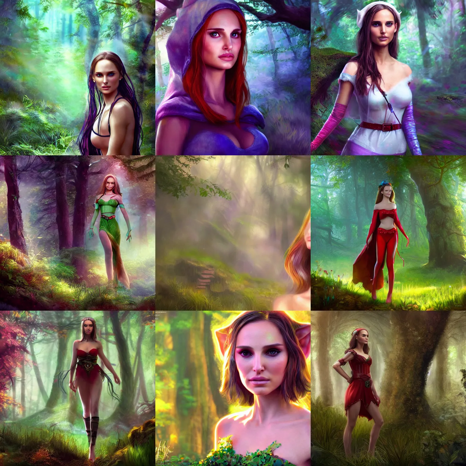 Prompt: elf girl (model: Natalie Portman), in a forest, ethereal, colorful, portrait, fantasy, artstation, 4k, Unreal Engine, photorealism, cinematic wallpaper
