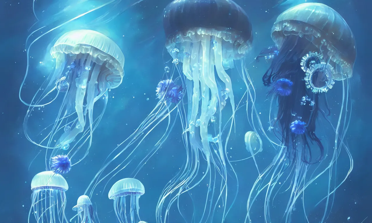 Image similar to detailed jellyfish in space, blue tones, underwater, full frame, highly detailed, digital painting, artstation, concept art, smooth, sharp focus, illustration, art greg rutkowski and alphonse mucha