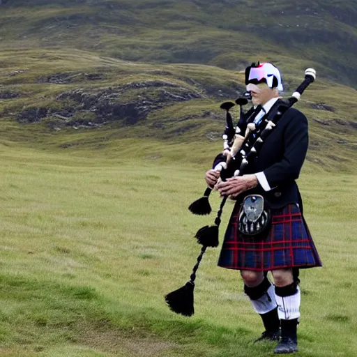 Image similar to joe biden wearing a kilt and playing a bagpipe in the scottish highlands, 8 k, very detailed,