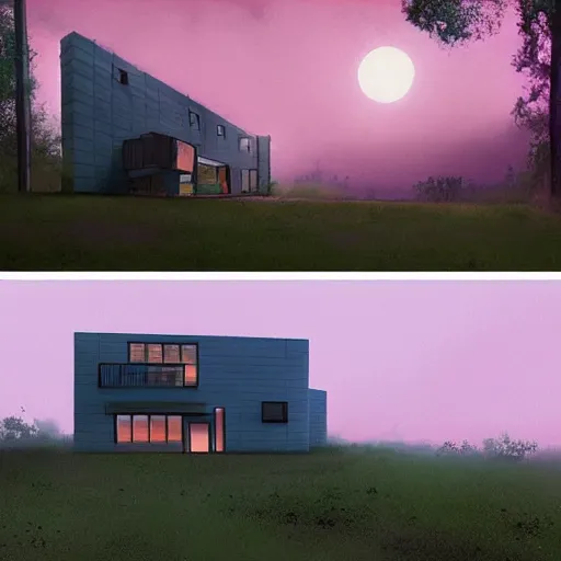 Image similar to modernist house inspired by a taco bell between big trees, light pink clouds, dramatic lighting, artstation, matte painting, raphael lacoste, simon stalenhag, frank lloyd wright, zaha hadid