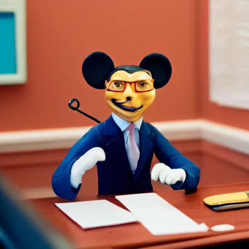 Prompt: a happy and contented cat wearing a business suit, sitting behind desk, selling insurance, disney character, cartoonish, claymation, dreamlike, photo by wes anderson