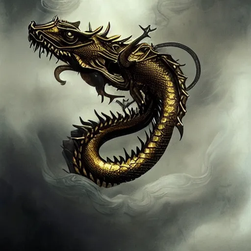 Image similar to emblem of black dragon on a gold metallic dragon logo, by artgerm, tom bagshaw, gerald brom, moody vibe, victorian vibe, gold, shiny, gold, 4 k, hd,