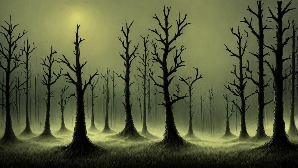 Image similar to folk horror illustration of the place with the dead pines, 8k resolution artwork, horror art, eerie, creepy, trending on artstation, painting, elaborate excellent painted illustration, smooth, sharp focus