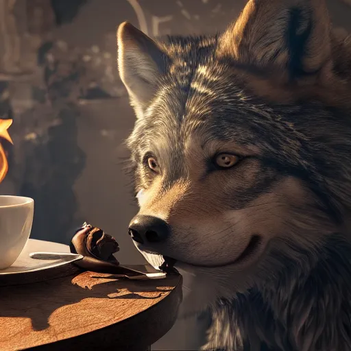 Prompt: A epic and beautiful rococo wolf drinking coffee, in a burning coffee shop. ultra-detailed. Anime, pixiv, UHD 8K CryEngine, octane render