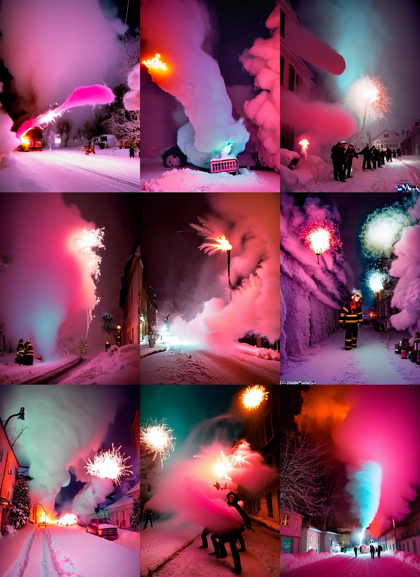 Prompt: kodak portra 4 0 0, winter, snow tornado, pink and teal floodlight, hellfire, award winning dynamic photograph of a bunch of hazardous krampus between exploding fire barrels by robert capas, motion blur, in a narrow lane in salzburg at night with colourful pyro fireworks and torches, teal lights