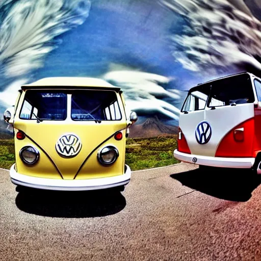 Image similar to a fisheye perspective caricature watercolor painting of a vw volkswagen bus, camper, bulli, type - 2, microbus, kombi, flying towards the camera, jumping at the viewer, dynamic action shot, fish eye lense, frontal, a dramatically erupting vulcano is seen in the background