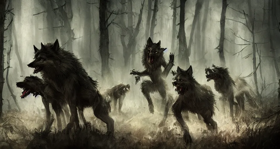 Image similar to an epic action concept masterpiece of a rabid wolfpack, in a forest made of nightmares, horrific digital art, extremely moody lighting, style of johannes voss