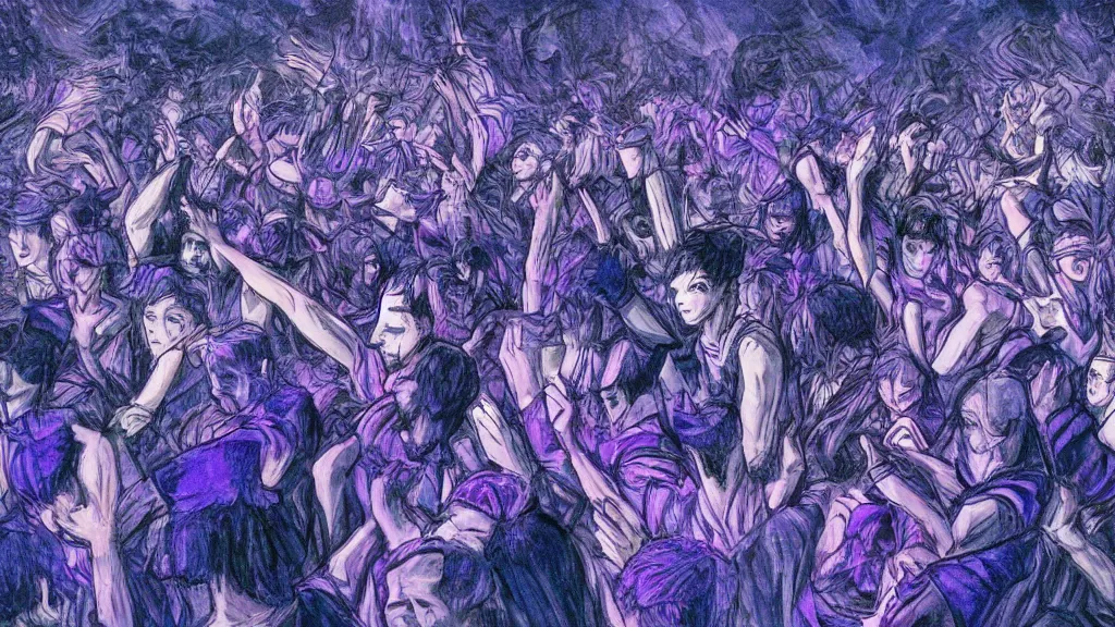 Image similar to a detailed small group of people seen from the front dancing together at a concert,, dark blue and intense purple color palette, in the style of kentaro miura