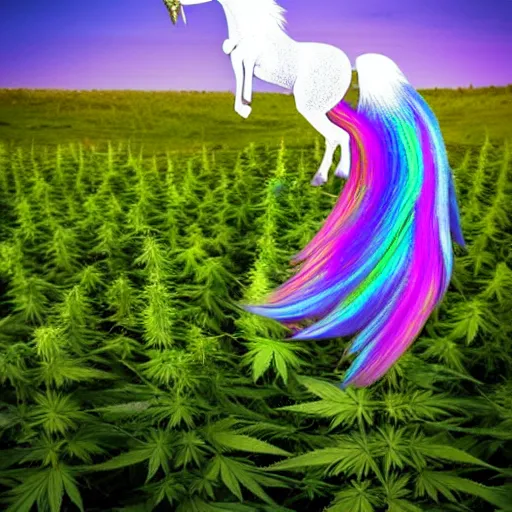 Image similar to a iridescent unicorn with wings eating in a field of marijuana, wildlife photography, 8 k, highly detailed